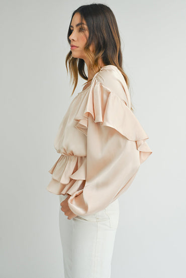 Oatmeal Lace-up Ruffled Blouse