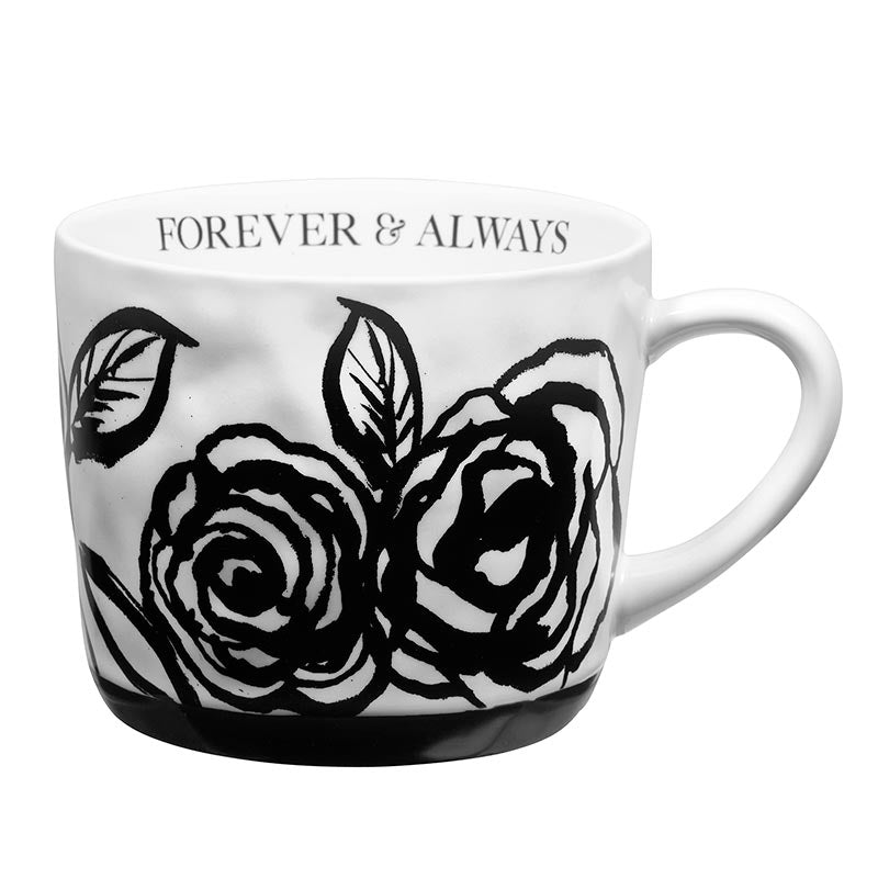 Forever & Always Mug in White with Black Floral Artwork