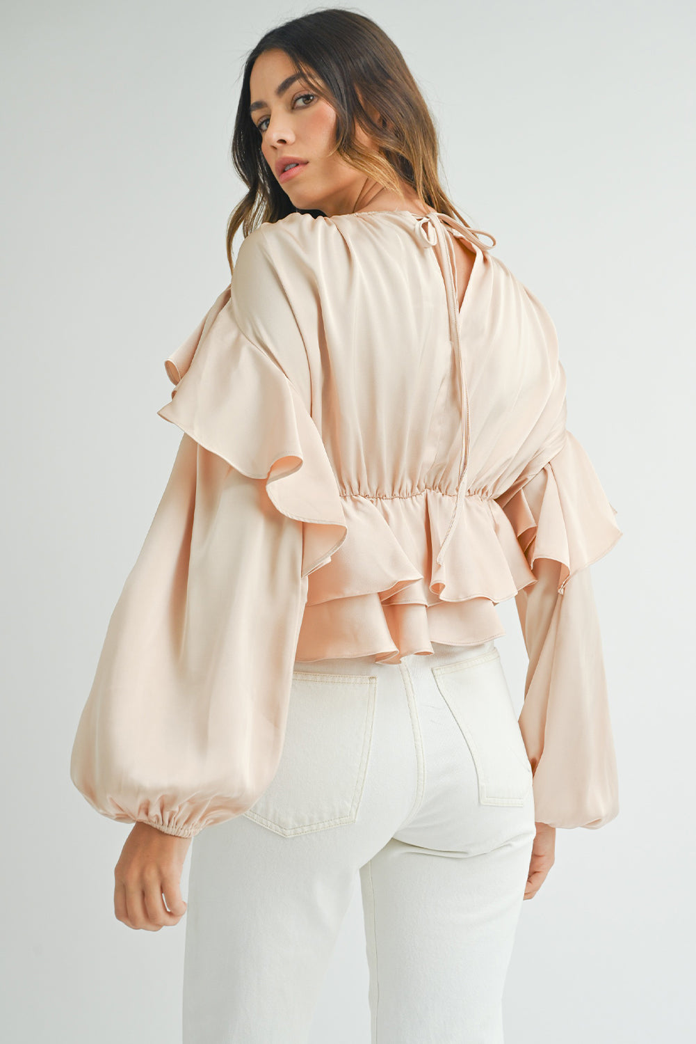 Oatmeal Lace-up Ruffled Blouse