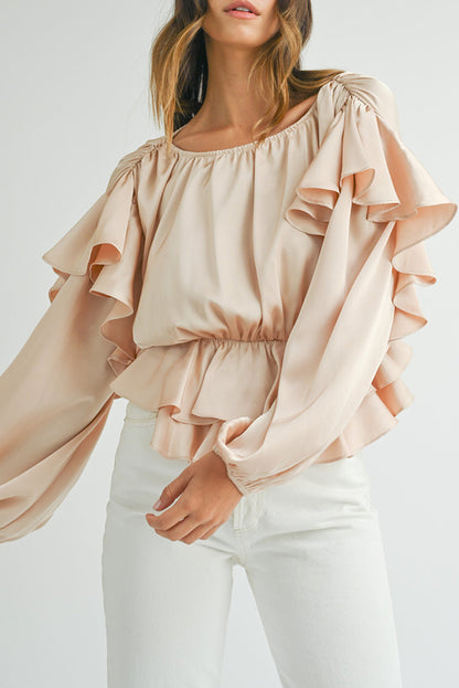 Oatmeal Lace-up Ruffled Blouse