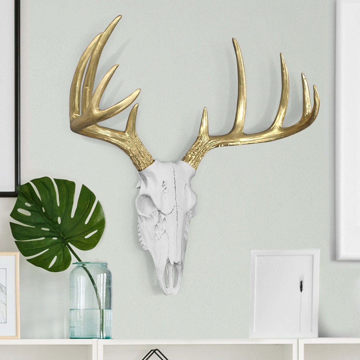Mini White & Gold Deer Skull, 16"